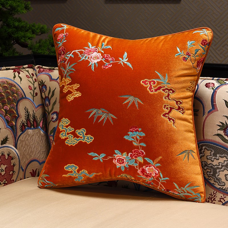 新中式绒布刺绣客厅沙发抱枕中古风复古靠垫O红木椅子床头靠背垫
