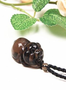 天然黑水晶猪吊坠 儿童男女款小猪挂坠项链生肖茶水晶猪挂坠挂件