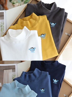 弹力磨毛 男女童纯色白色保暖儿童半高领打底衫基础秋冬季长袖T恤