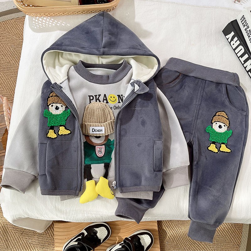 童装男宝宝秋冬三件套装洋气0-1-2-3岁婴儿加绒加厚女童冬装卫衣4