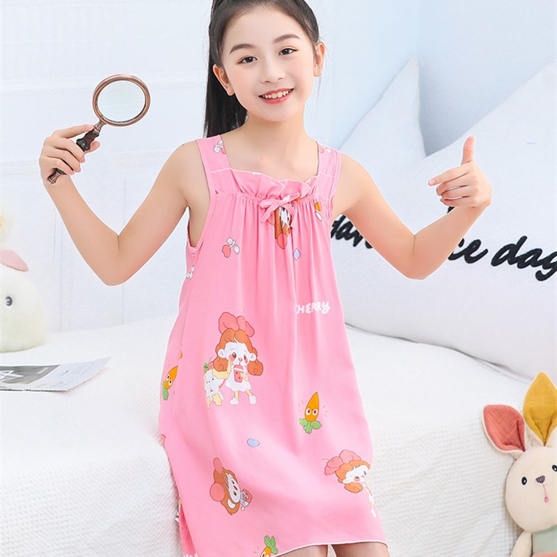 女童睡裙儿童睡衣连衣裙家居服夏装人造棉女孩公主绵绸无袖吊带裙