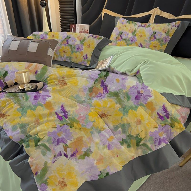 邂逅~油画欧式卧室风磨毛黑色花边床品四件套床笠床单被套奢享