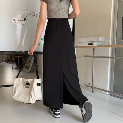 大码高腰开叉半身裙女夏季显瘦黑色西装a字长裙遮跨一步包臀裙子