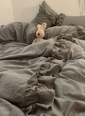 日系公主风花边水洗棉床单床笠四件套高级灰色被套宿舍床品三件套