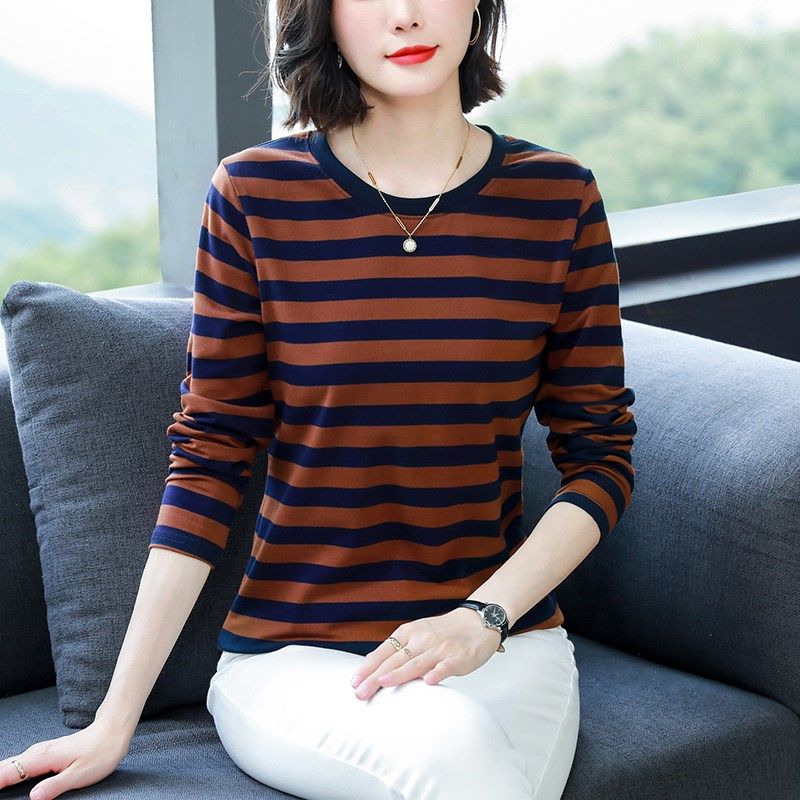 春秋季新款纯棉条纹宽松显瘦遮肉上衣女t恤长袖中年妈妈装打底衫,女装/女士精品,T恤,淘宝优惠券,粉丝福利购,淘宝优惠卷