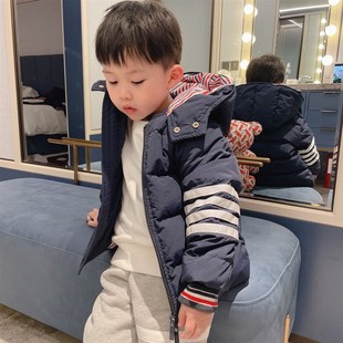 儿童TB四道杠长袖羽绒服男女童学院风条纹袖羽绒外套简约气质潮服
