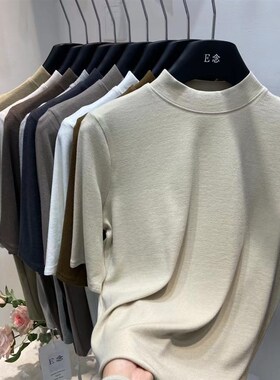 E念901早秋季新款立领中袖羊绒面料五分袖韩版上衣女t恤2023