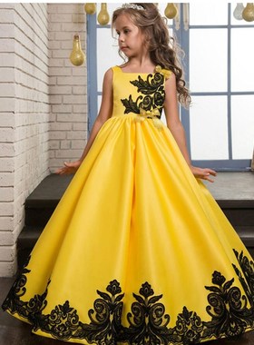 黄色儿童礼服花童婚纱蓬蓬裙女童钢琴主持人演出服晚礼服长款蕾丝