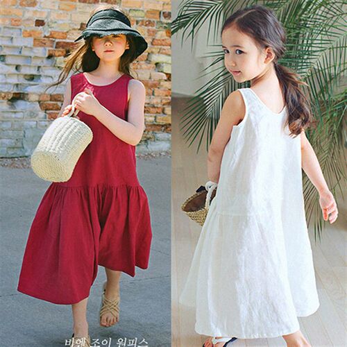 韩版童装女童夏季宽松棉麻休闲长版背心洋装