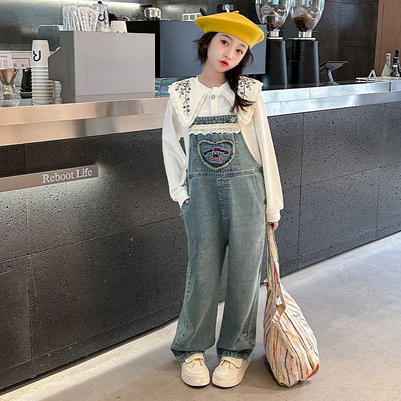 女童背带裤套装2024春装新款洋气儿童装春季牛仔裤大童春秋款裤子图片
