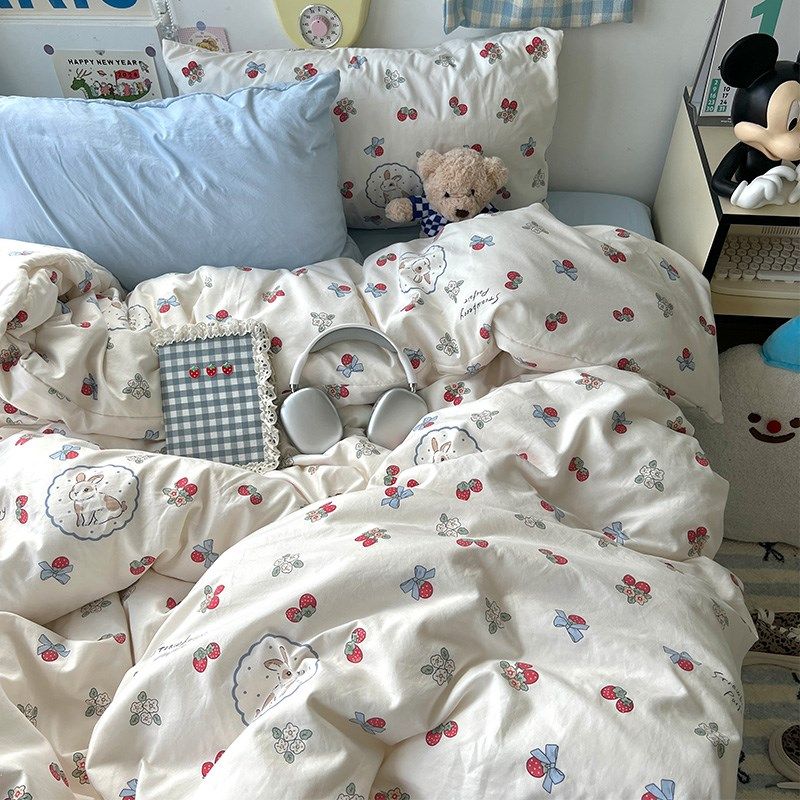 韩系草莓小清新床上四件套纯棉水洗棉被套床单人宿舍学生三件套,床上用品,床品套件/四件套/多件套,淘宝优惠券,粉丝福利购,淘宝优惠卷
