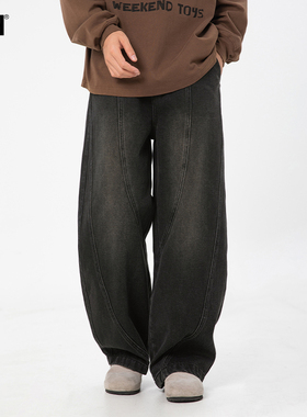 男士黑色直筒牛仔裤男秋冬潮牌2025年新款美式复古裤子弯刀裤长裤