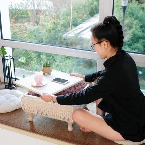 飘窗小茶几创意草藤编简约现代北欧日式窗台炕桌储物榻榻米小桌子