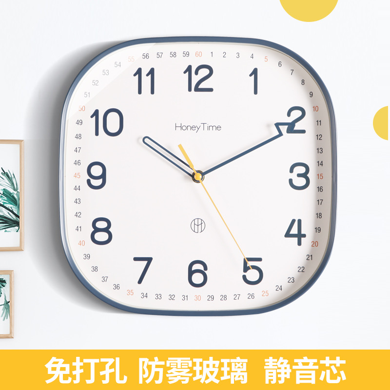 现代简约方形静音挂钟家用客厅钟表家用I时钟挂墙表卧室电波石英