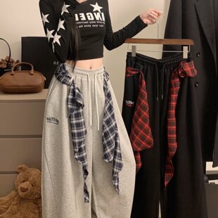 潮 设计感宽松阔腿弯刀长裤 运动可拆卸格子叠穿卫裤 女秋季