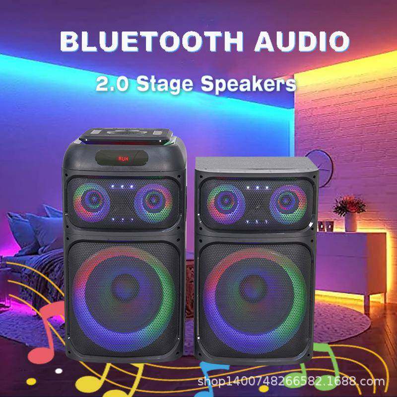 有源2.0舞台音箱卡拉OK低音扬声器双12英寸LED爆闪灯木质音箱