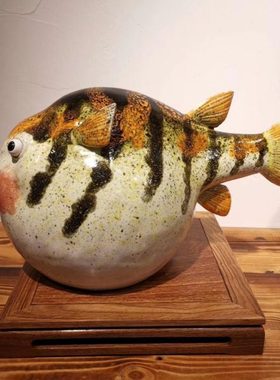 石湾公仔陶瓷河豚鱼创意摆件新中式电视柜博古架装饰品小鱼儿摆设