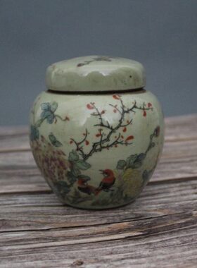 特价清同治粉彩花鸟茶叶罐景德镇仿古陶瓷家居装饰展柜摆件做旧