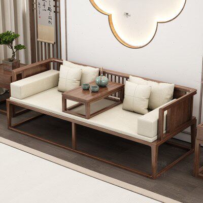 新中式实木罗汉床茶桌椅组合小户型推拉床轻奢胡桃木色客厅沙发床