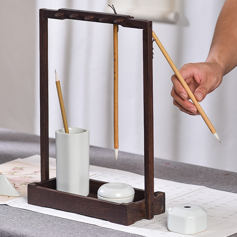 创意中国b风鸡翅木毛笔架笔挂学生用书法简约桌面收纳文房四宝摆