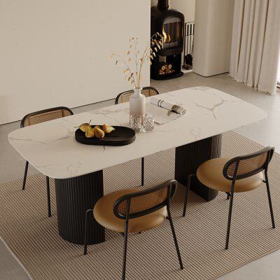 现代简约白色岩板餐桌轻法式复古极简家用小户型长方形餐桌奶油风