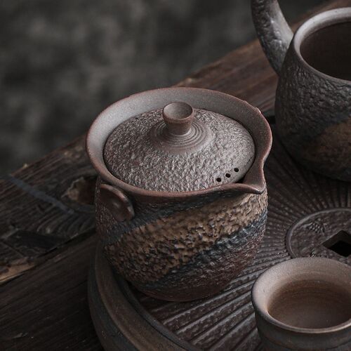 鎏金铁釉石纹手抓壶 日式复古陶瓷功夫茶壶粗陶盖碗普洱泡茶器