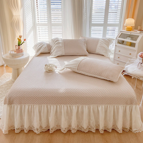 夏天凉感豆豆冰丝凉席三件套床裙式床盖款蕾丝花边可机洗空调软席