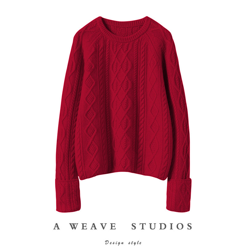 时髦小仙女!加厚圆领羊绒衫女绞花翻边袖设计纯羊绒毛衣针织衫冬,女装/女士精品,羊绒衫,淘宝优惠券,粉丝福利购,淘宝优惠卷