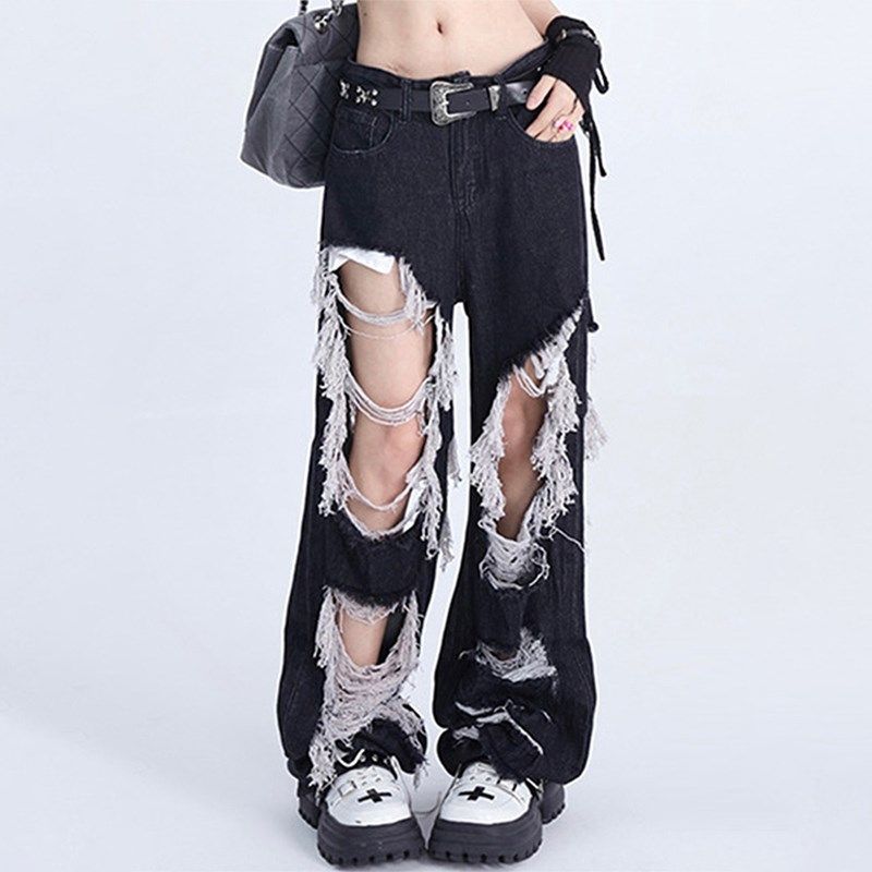 特大码女装胖mm美式复古破洞流苏设计感牛仔裤女高腰宽松阔腿裤子,女装/女士精品,大码裤装,淘宝优惠券,粉丝福利购,淘宝优惠卷