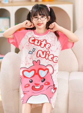 女童睡衣冰丝夏天薄款小海狸露比loppy卡通公主圆领家居连体睡裙