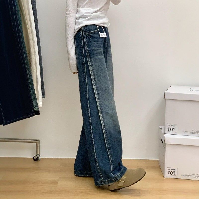 美式复古宽松显瘦水洗牛仔裤女秋冬新款高腰阔腿侧边拼接设计裤子,女装/女士精品,卫裤,淘宝优惠券,粉丝福利购,淘宝优惠卷