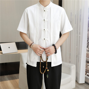 休闲中国风棉麻套装 衬衫 男士 唐装 立领盘扣复古衣服 假两件短袖 夏季