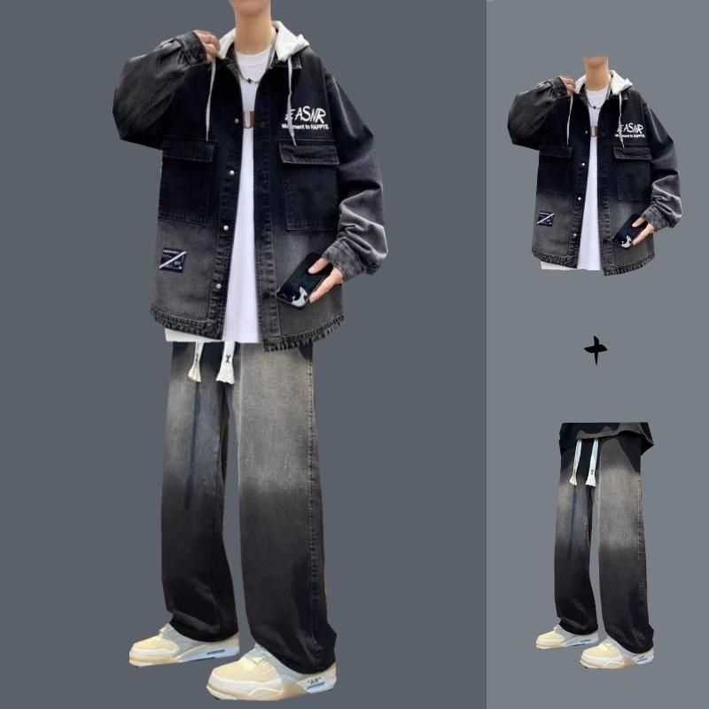 连帽牛仔外套男生潮流一套搭配牛仔裤青少年潮牌套装男春秋季夹克,男装,休闲运动套装,淘宝优惠券,粉丝福利购,淘宝优惠卷