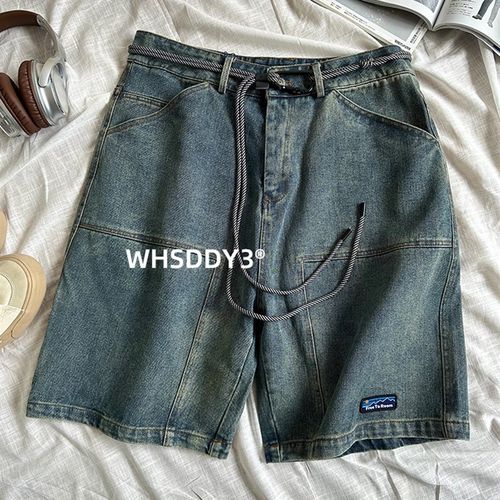 徐洛淇 夏季日系潮牌街头五分牛仔裤男挂绳腰带水洗棉短裤百搭女
