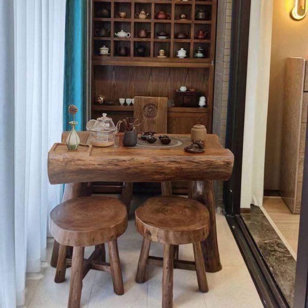 阳台小茶桌椅格子架组合中式家用沙发茶台紫砂壶架桌客厅茶道原木