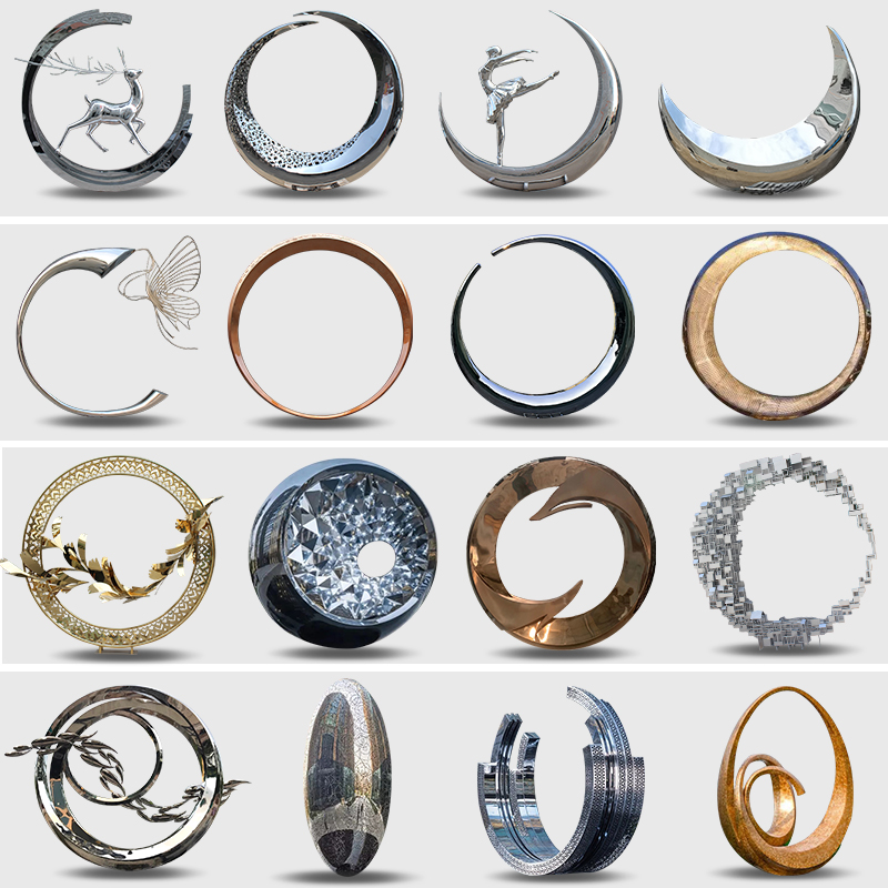 不锈钢镜面月f亮圆环雕塑定制 户外景观镂空发光月亮摆件水景雕塑