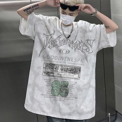 加肥大码300斤脏脏扎染印花t恤男夏季美式hiphop潮牌设计感短袖衫