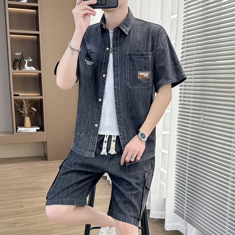 牛仔短袖衬衫套装男士薄款宽松休闲印花衬衣青少年衬衫短裤一整套,男装,休闲运动套装,淘宝优惠券,粉丝福利购,淘宝优惠卷