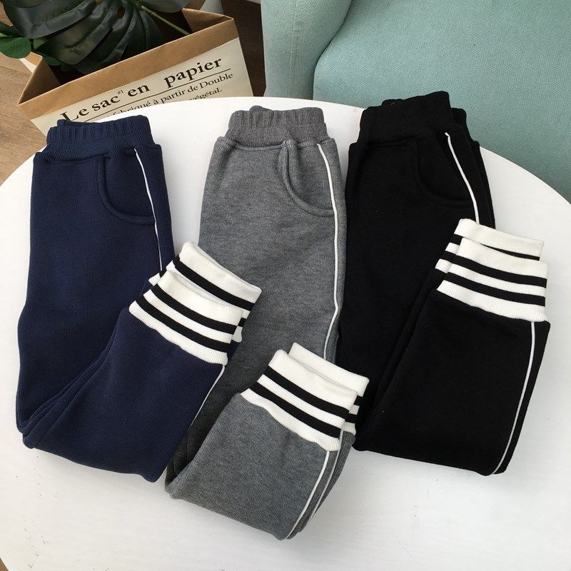 100-150儿童一体绒裤子男童加厚加绒裤纯棉弹力女童绒裤条纹收口