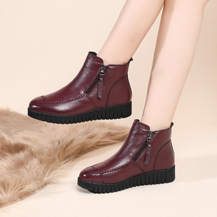 妈妈棉鞋加绒保暖冬季皮鞋中老年平底短靴软底防滑圆头休闲女鞋