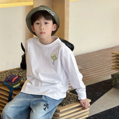 CH早春新品长袖T男女儿童 百搭长袖全棉T恤纯白可爱印花打底衫