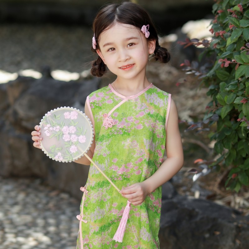 女童旗袍2023夏季新款儿童中国风背心裙轻薄碎花裙改良棉麻连衣裙