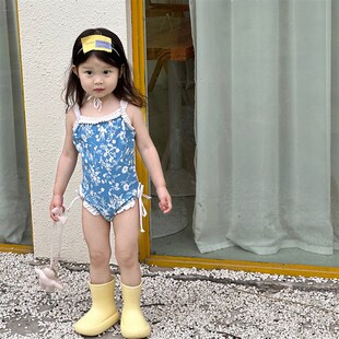 潮 可爱女孩花边印花连体游泳衣宝宝吊带泳装 儿童泳衣2024夏季 新款