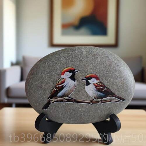 高档丰麻雀谷登石头画摆件彩绘家五居客厅玄关装品办公饰室桌面石