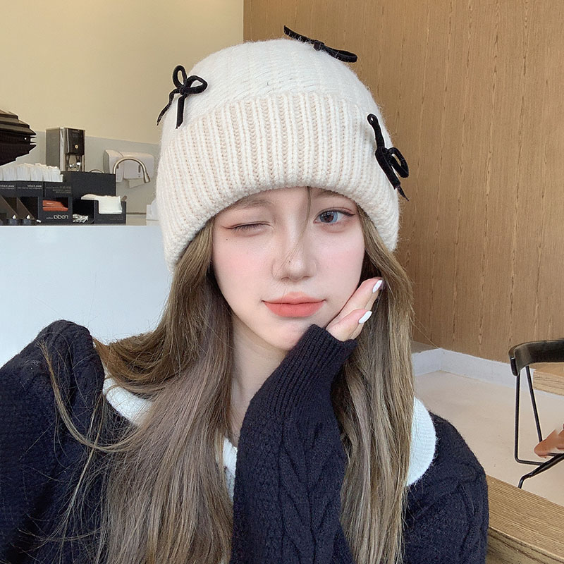 毛线帽子女秋冬新款可爱蝴蝶结针织帽显脸小保暖护耳韩版百搭冷帽
