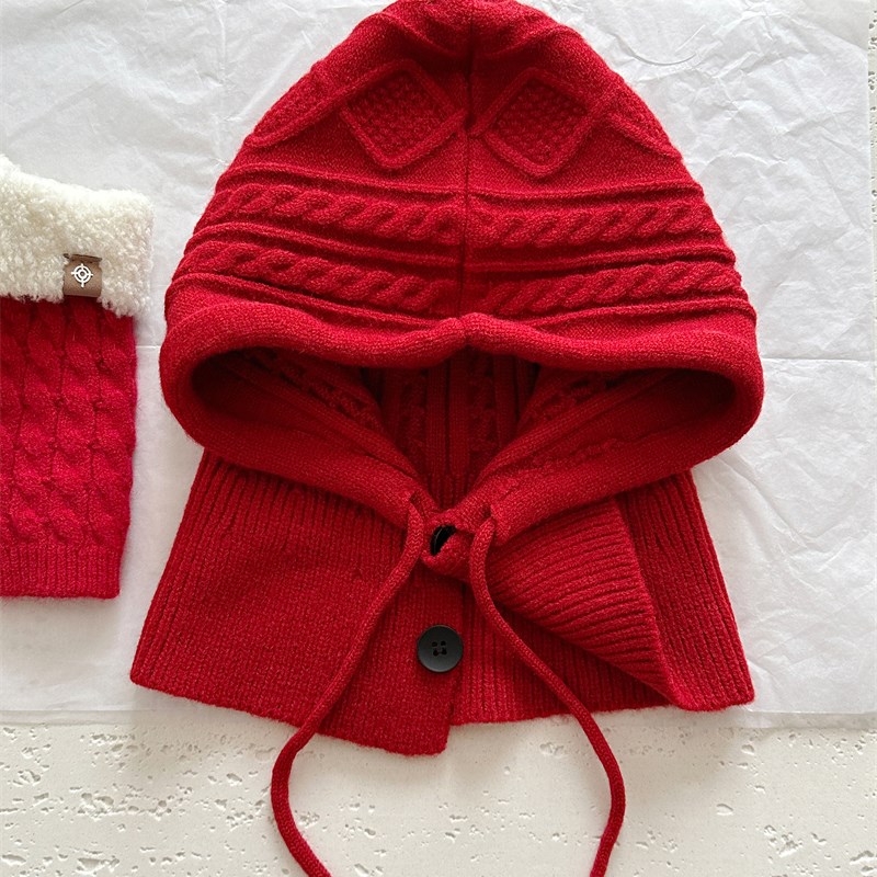 复古红巴拉克拉法帽子女冬保暖帽子围脖一体情侣护耳毛线针织帽