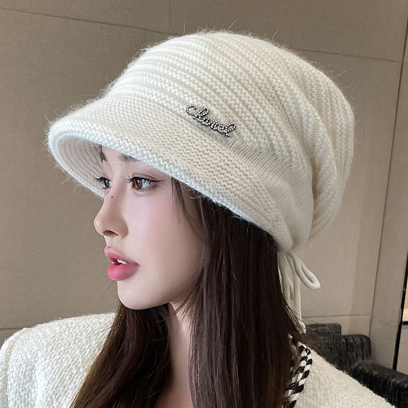 毛线帽子女款2023新款冬季韩版优雅钻标防寒保暖兔毛针织抽绳潮帽