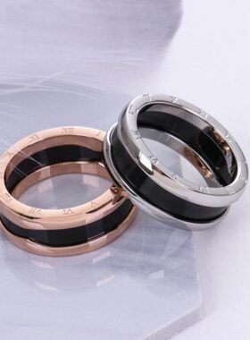 网红时尚玫瑰金钛钢简约食指环戒指男女情侣宽版黑色陶瓷对戒饰品