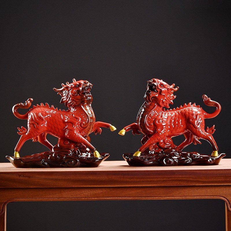 陶瓷工艺品麒麟摆件一对t火麒麟家居办公室客厅博古架装饰开业礼