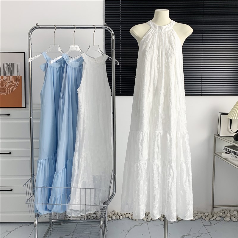 桃子自制 蓝色蝴蝶结挂脖吊带连衣裙夏长裙海边度假裙子